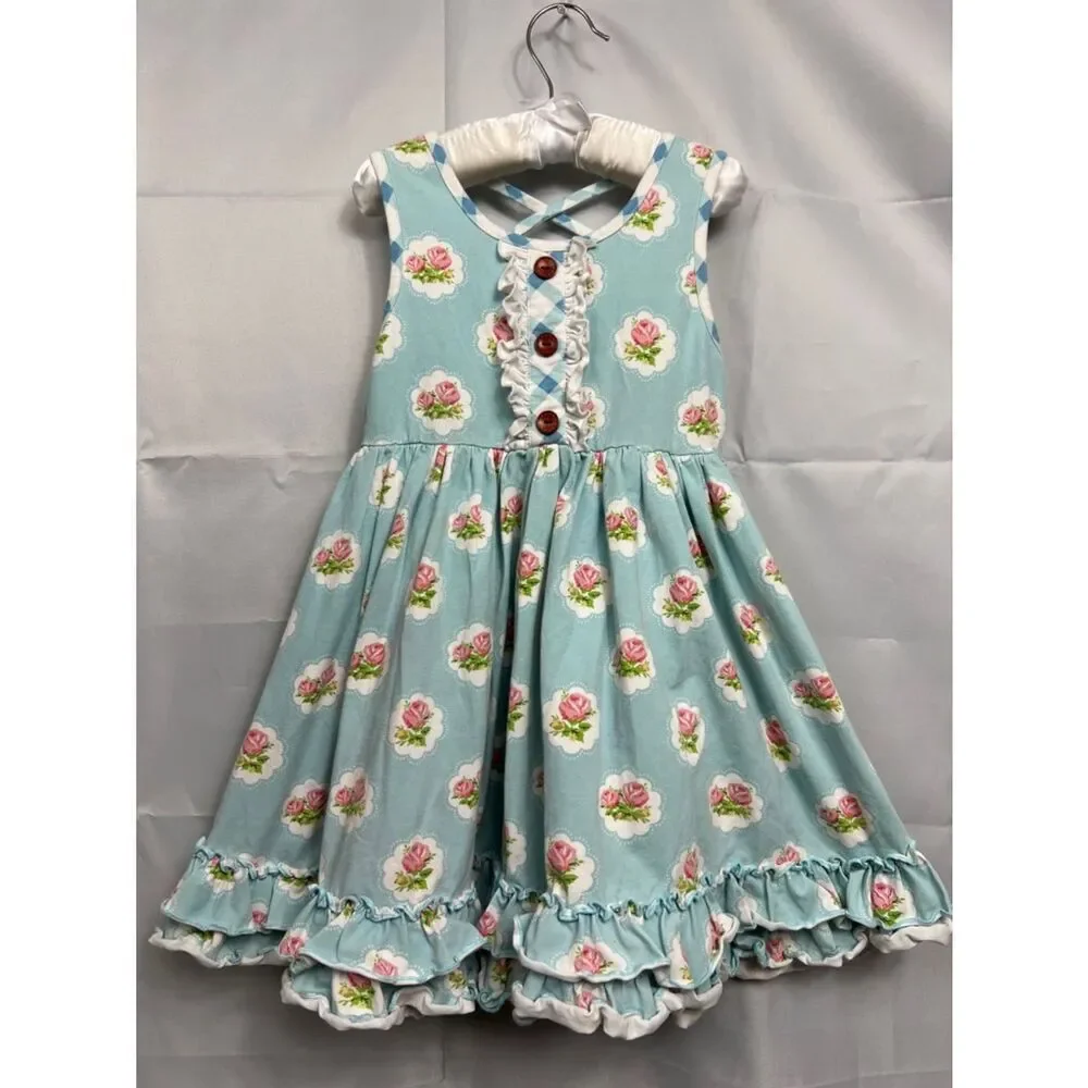 Swoon Baby blue with pink rose print ruffle hem twirl dress size 5